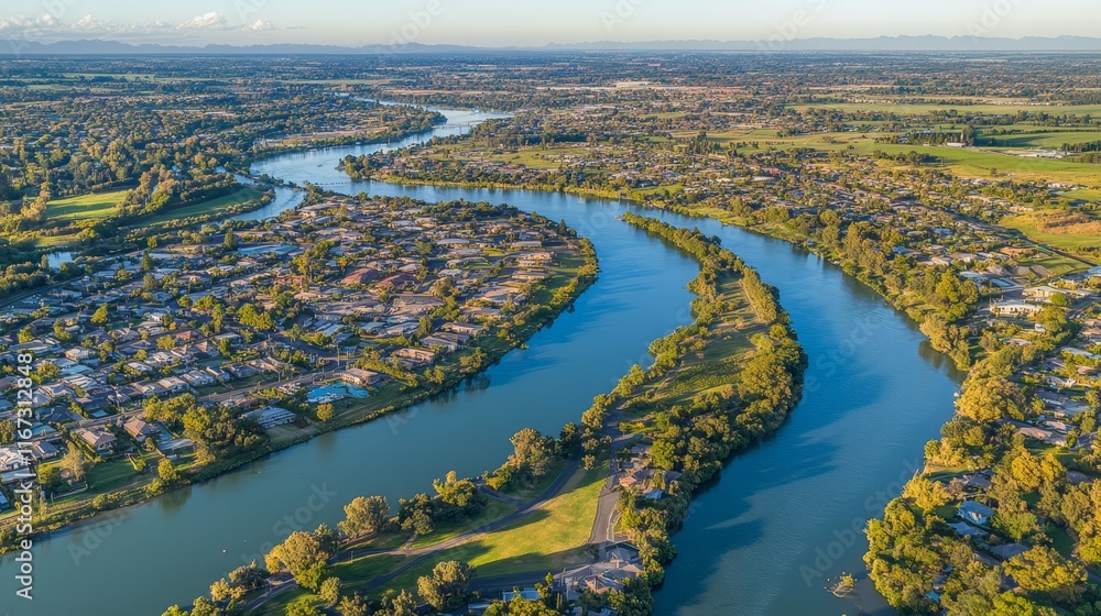 Fototapeta premium Aerial view of a winding river through a green landscape and residential area.