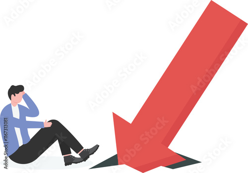 red arrow falling between businessman legs. Business and financial crisis concept.
