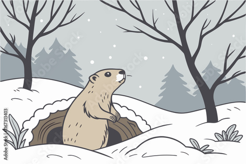 groundhog day - an illustration of a winter scene featuring a groundhog emerging from its burrow