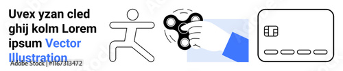 Stick figure running, hand holding fidget spinner, tablet device, text snippet. Ideal for education, physical health, stress relief, technology gaming reading multitasking concepts. Landing page