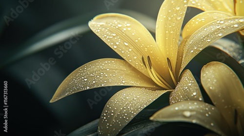 Dewy yellow lilies bloom in dark garden, sunlit background.
