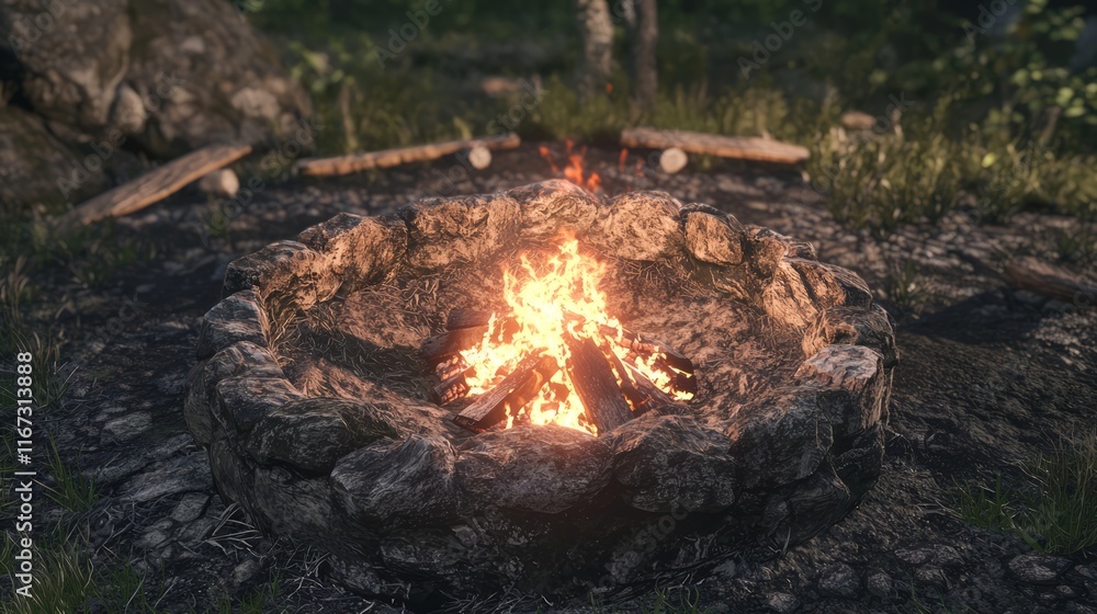 Ancient Stone Age Fire Pit with Glowing Embers and Cooking Tools - A Nostalgic Reminder of Early Human Life | Photorealistic and Ultra-Detailed Depiction Ancient Stone Age Fire Pit with Glowing Embers and Cooking Tools - A Nostalgic Reminder of Early Human Life | Photorealistic and Ultra-Detailed Depiction