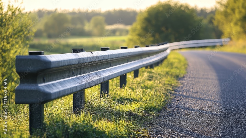 A winding road with a guardrail surrounded by greenery and trees in the background. A winding road with a guardrail surrounded by greenery and trees in the background.