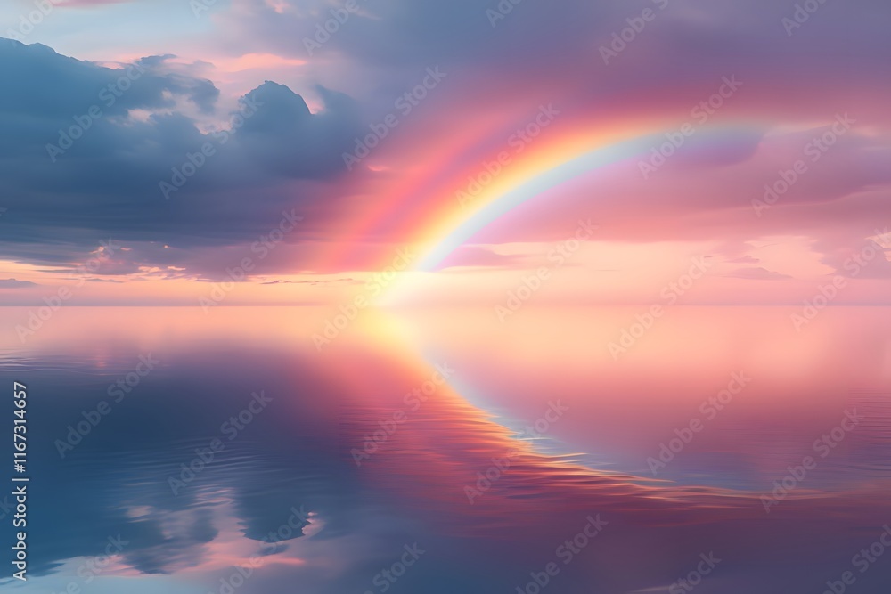 Fototapeta premium A serene landscape featuring a vibrant rainbow over a calm ocean at sunset.