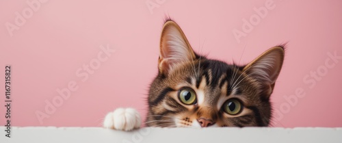 Tabby cat peeking over a white surface against a pink background, a playful and endearing image suitable for pet-related or fun designs with space for text.