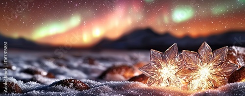 Stunning Views of the Aurora Borealis in Clear Starry Skies, a macro photography close-up of icy snowflakes glowing faintly under soft auroral colors, with the distant stars blurred in the background