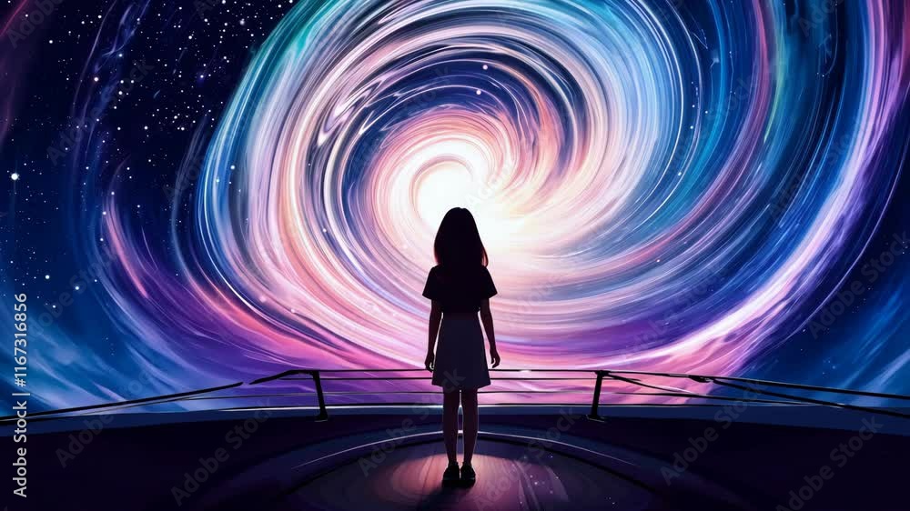 Silhouette of a girl standing in front of a swirling colorful portal to another dimension. Fantasy adventure concept. Silhouette of a girl standing in front of a swirling colorful portal to another dimension. Fantasy adventure concept.