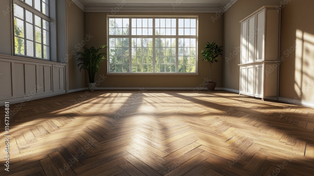 Sunlit Empty Room with Hardwood Floors and Large Windows Sunlit Empty Room with Hardwood Floors and Large Windows