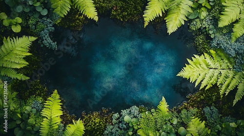 Overhead view of a dark pool surrounded by lush green ferns and moss.