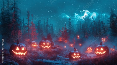 Glowing jack-o'-lanterns in a mystical forest at night. photo