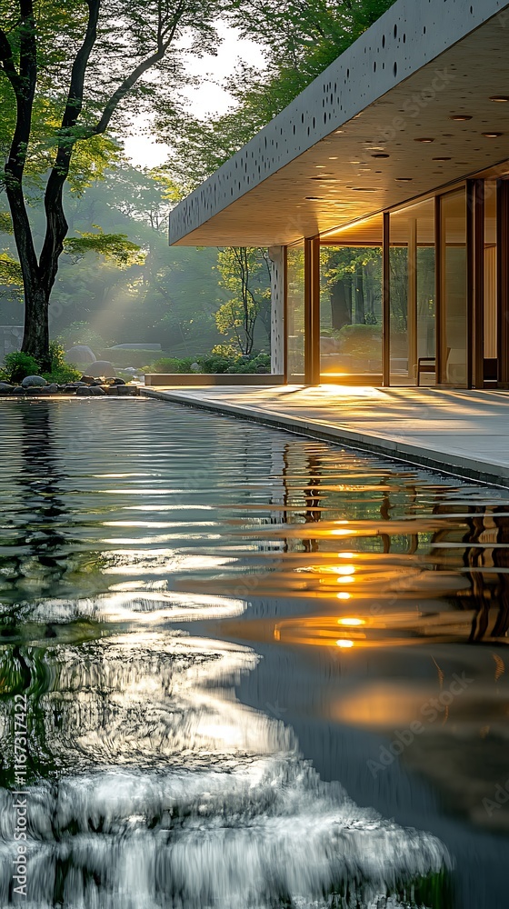 Fototapeta premium Modern architecture reflecting in tranquil water at sunrise