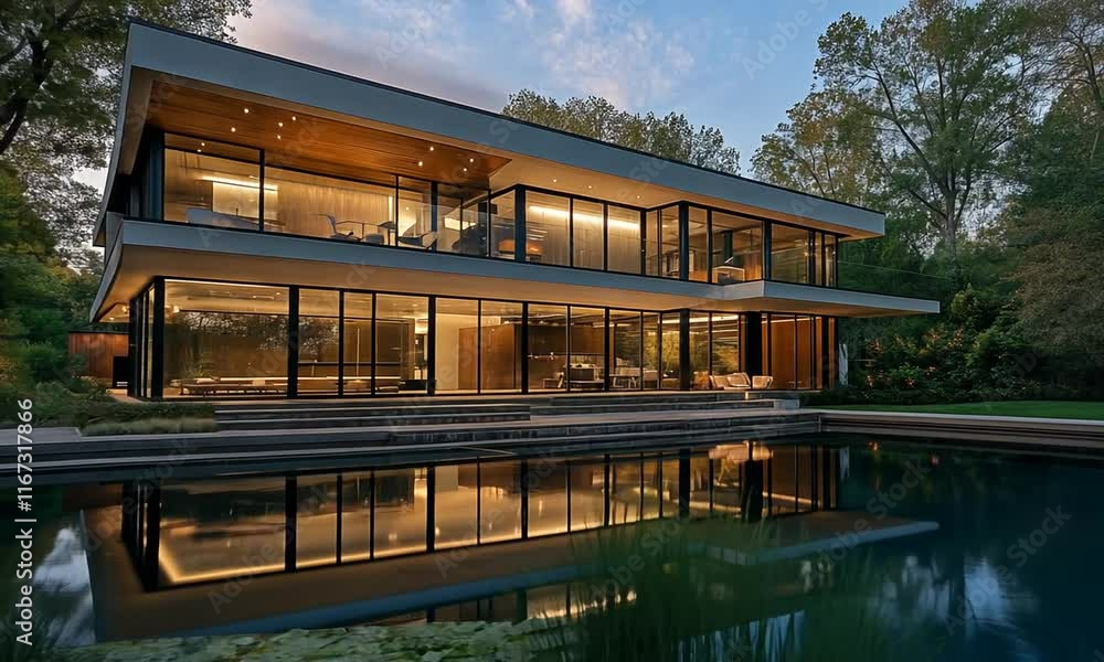 Modern House Reflection on Tranquil Pool at Dusk Modern House Reflection on Tranquil Pool at Dusk
