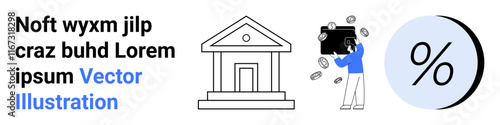 Bank building with pillars, person carrying a money bag with falling coins, large percentage symbol with blue background. Ideal for finance, banking, investments, loans, taxes, savings, and economic