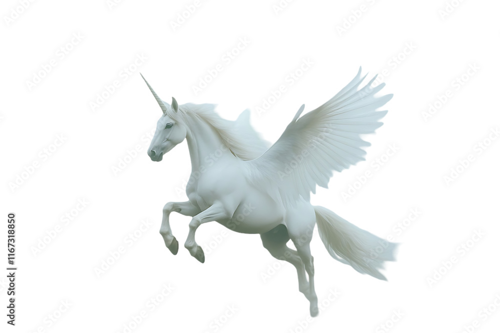 Naklejka premium A majestic white unicorn with wings, depicted in mid-flight.
