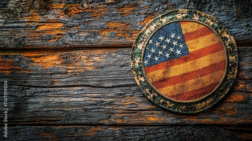Fototapeta premium Faded US flag patch on rustic wood background.
