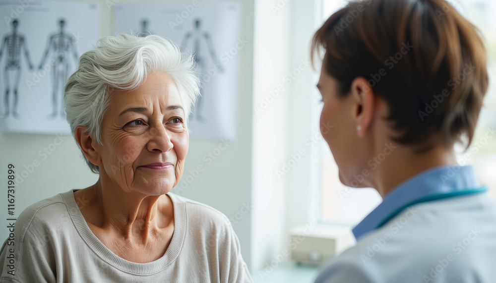 Caring interaction between a healthcare professional and an older woman in a bright clinic during a routine consultation Caring interaction between a healthcare professional and an older woman in a bright clinic during a routine consultation