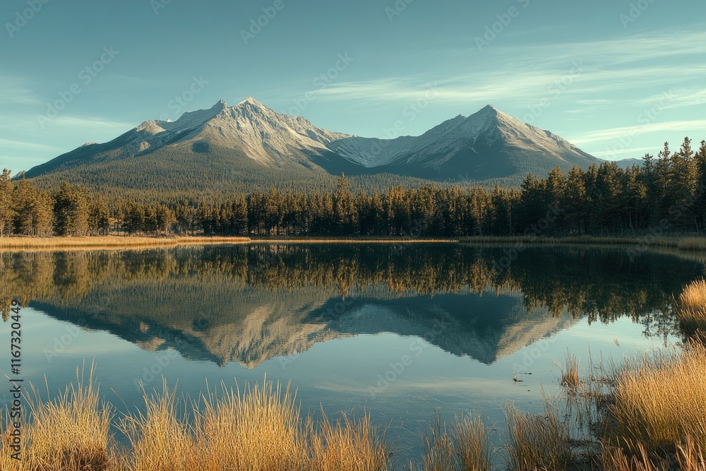 Fototapeta premium Majestic mountain range reflecting in a crystal-clear lake, a serene natural landscape of the Canadian national park system. The beautiful blue sky, golden hour lighting, and pine trees