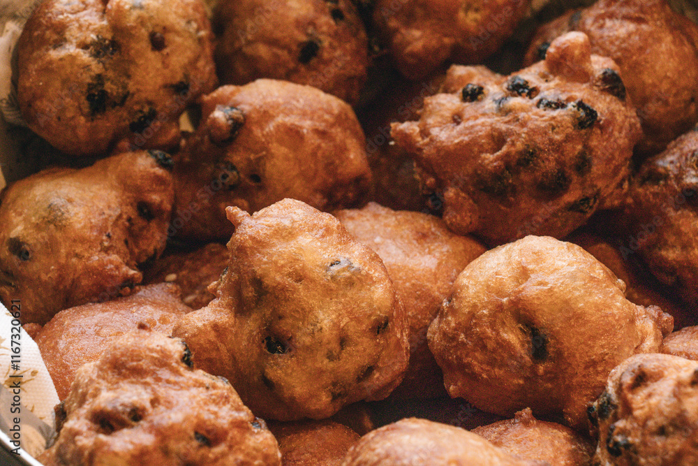 Oliebollen fresh Dutch pastry in a bowl. Close up of new years treat in the Netherlands. Happy New Year snack. Oliebollen fresh Dutch pastry in a bowl. Close up of new years treat in the Netherlands. Happy New Year snack.