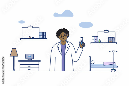 A doctor in a white coat holding a vaccine vial, modern hospital setting, professional and trustworthy