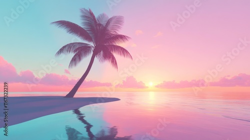 Serene pastel sunset over a tranquil ocean with a lone palm tree on a secluded beach.