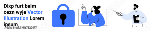 Lock icon emphasizing security, two individuals teaching using pointers and boards. Ideal for education, online learning, security training, presentations, instructional design, academic resources