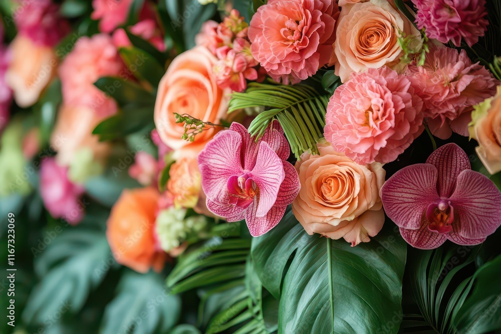 floral arrangement featuring pink roses and tropical orchids with lush green leaves creating a stunning and vibrant backdrop for weddings or special occasions floral arrangement featuring pink roses and tropical orchids with lush green leaves creating a stunning and vibrant backdrop for weddings or special occasions