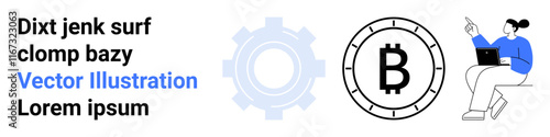 Gear, Bitcoin symbol, and a seated person with laptop. Ideal for representing cryptocurrency, finance, technology, blockchain, digital currency, online transactions, and innovation. Landing page