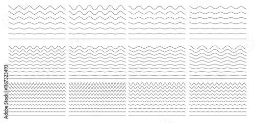 Wave and zigzag wavy lines with black underlines in an abstract geometric style. Decorative vector pattern with curving, zigzag elements