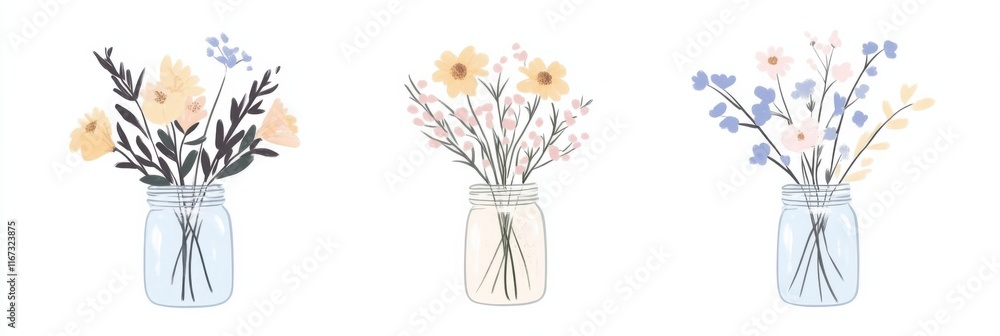 Obraz premium Charming wildflower bouquets in mason jars for spring decor and floral inspiration