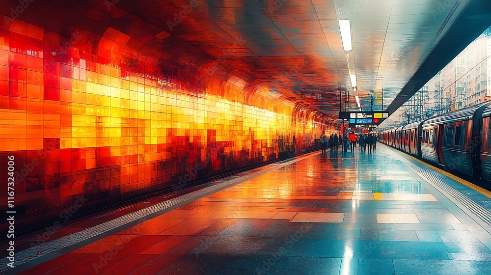 Fototapeta premium Vibrant Subway Station Platform with Train and Passengers
