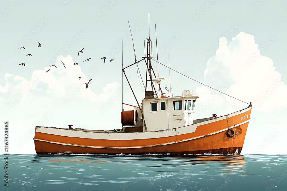 A fishing boat floats on calm waters under a clear sky, surrounded by birds. A fishing boat floats on calm waters under a clear sky, surrounded by birds.