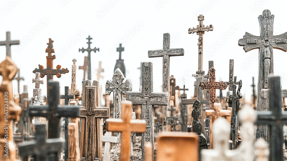 Row of crosses, symbolic representation of faith and devotion, white isolate background. Row of crosses, symbolic representation of faith and devotion, white isolate background.