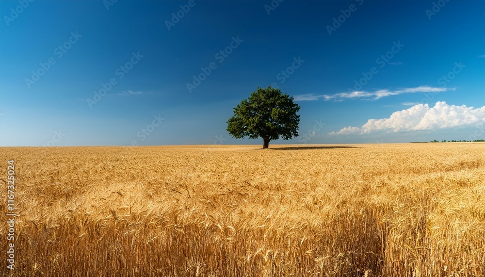 golden wheat field with lone tree under clear blue sky in summer golden wheat field with lone tree under clear blue sky in summer