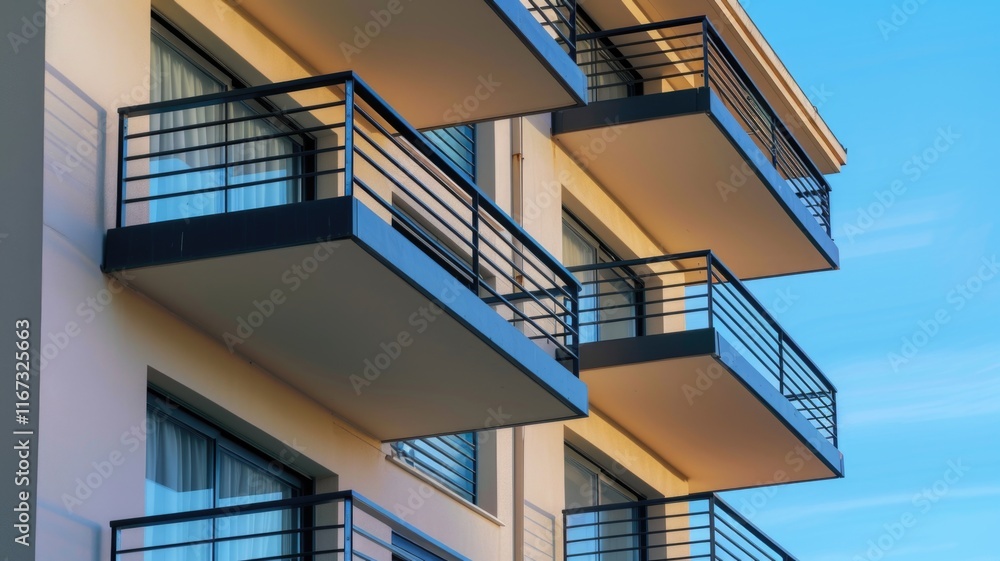 Modern apartment building with blue sky background highlighting balcony architecture Modern apartment building with blue sky background highlighting balcony architecture