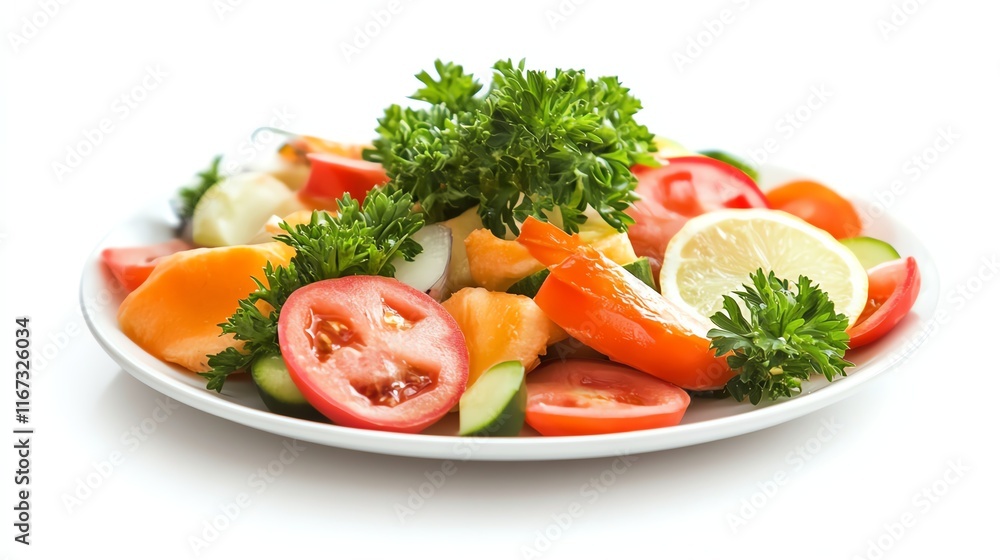 Fresh vegetable salad with tomatoes, cucumbers, and lemon, on a white plate. Fresh vegetable salad with tomatoes, cucumbers, and lemon, on a white plate.