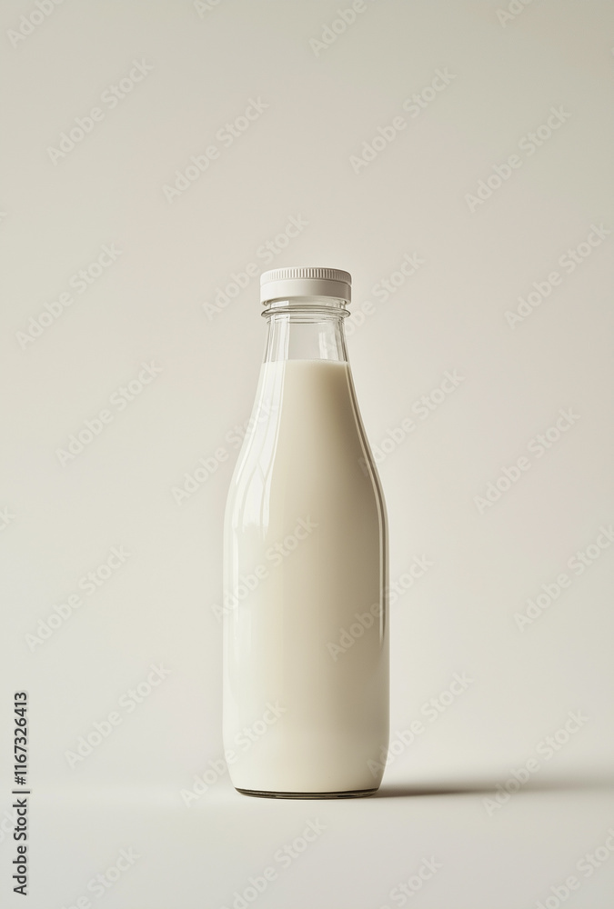 A plastic bottle of soy milk with a cap, front view, against a white background A plastic bottle of soy milk with a cap, front view, against a white background