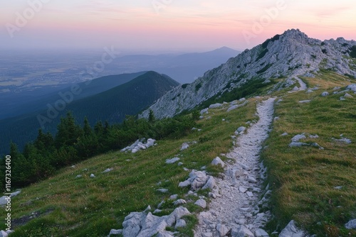 Photo of a green, grassy hill with a mountain path at sunset in the Tatra Mountains, Poland. North-east central Europe top of a high peak overlooking a beautiful valley and mountains during a summer