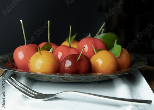 Obraz na płótnie Deletable imitation fruits (Kanom look choup) has a sweet taste in small leaf shaped metal platter served with dessert fork. Traditional Thai sweet treats made from mung beans and coconut milk, jelly. w salonie