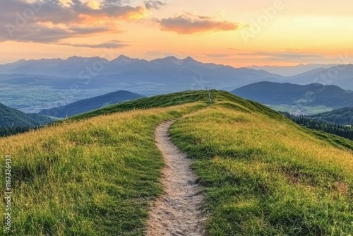 Photo of a green, grassy hill with a mountain path at sunset in the Tatra Mountains, Poland. North-east central Europe top of a high peak overlooking a beautiful valley and mountains during a summer