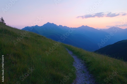 Photo of a green, grassy hill with a mountain path at sunset in the Tatra Mountains, Poland. North-east central Europe top of a high peak overlooking a beautiful valley and mountains during a summer