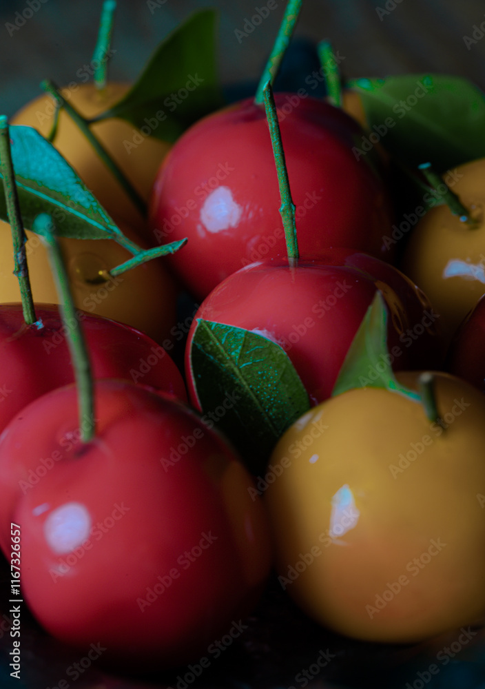Deletable imitation fruits (Kanom look choup) in the shape of oranges, rose apple and strawberries has a sweet taste.Traditional thai sweet treats made from mung beans and coconut milk glazed in jelly