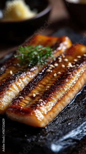 Culinary delight with grilled eel on dark rustic background for gastronomic inspiration photo