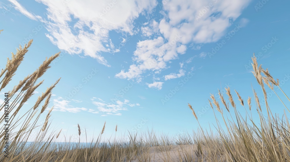 Obraz premium Serene Coastal Dunes with Tall Grasses and Ocean View in Photorealistic Ultra-Detailed Rendering