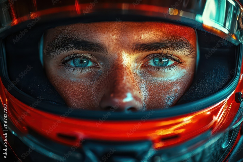 focused formula 1 driver in cockpit wearing a striking red helmet during race preparations with a closeup view capturing intense determination and adrenaline in a vibrant racing environment