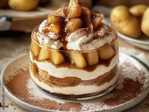 Caramel apple trifle in a glass dish on ceramic plate