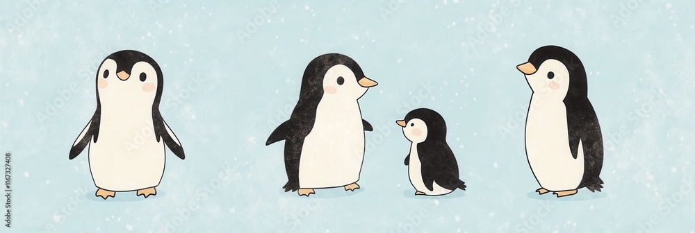 Obraz premium Cute penguins in soft black and white tones on light blue background for winter design