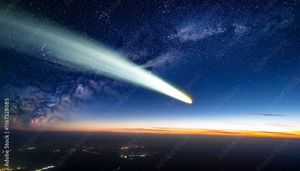 brilliant comet with long shimmering tail in space brilliant comet with long shimmering tail in space