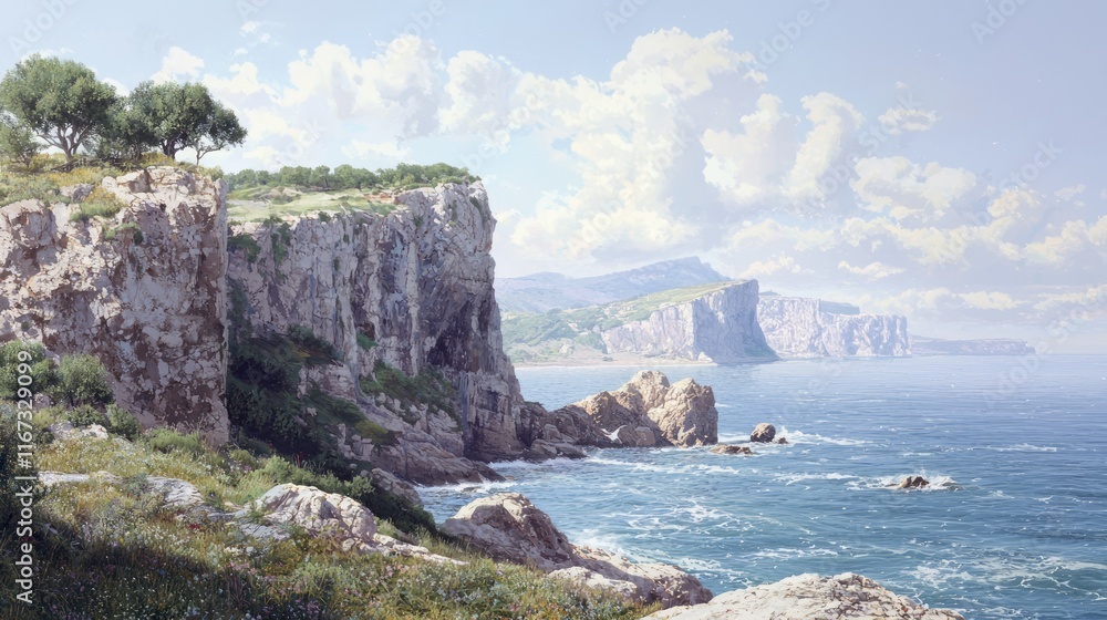Epic Coastal Adventure: Photorealistic Scene of Dramatic Cliffs, Lush Greenery, and Crashing Waves Epic Coastal Adventure: Photorealistic Scene of Dramatic Cliffs, Lush Greenery, and Crashing Waves