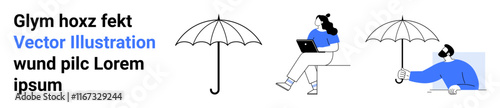 Umbrellas and diverse characters working on laptops, reading, and relaxing. Ideal for teamwork, productivity, protection, outdoor activities, minimalism, digital art, solitude themes. Landing page