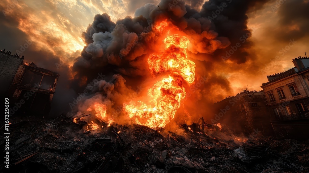 Flames burst dramatically from the ruins of structures, creating a haunting image of destruction and chaos, highlighting the power of fire in urban environments. Flames burst dramatically from the ruins of structures, creating a haunting image of destruction and chaos, highlighting the power of fire in urban environments.